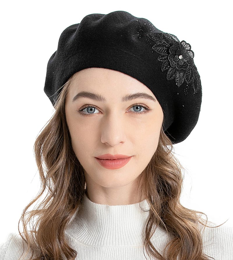 ZLYC Womens French Beret hat, Reversible Solid Color Mosaic Warm Beret Cap for Girls (Flower Black) - Image 1